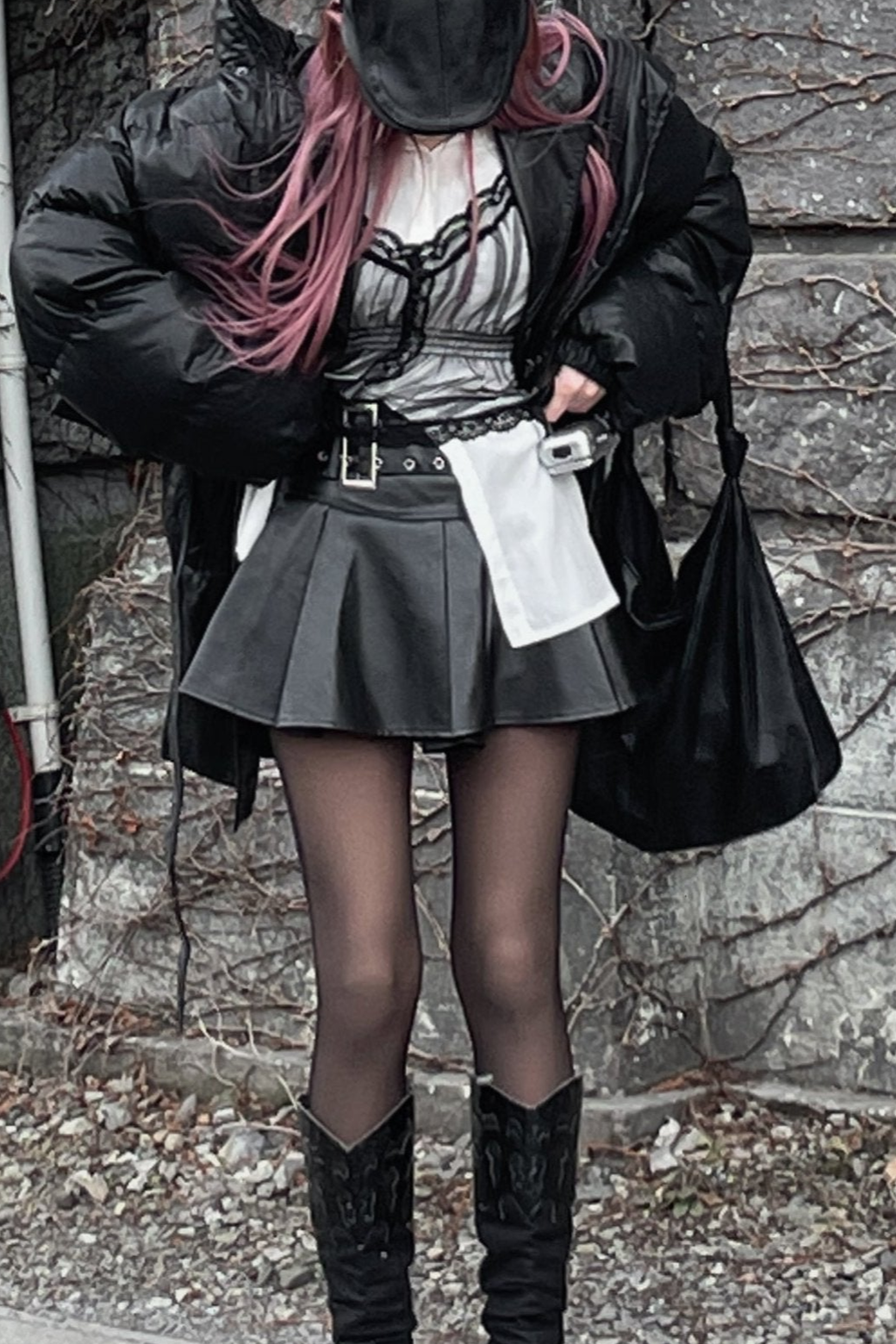 シルバーバッグルプリーツレザースカート LAE20730