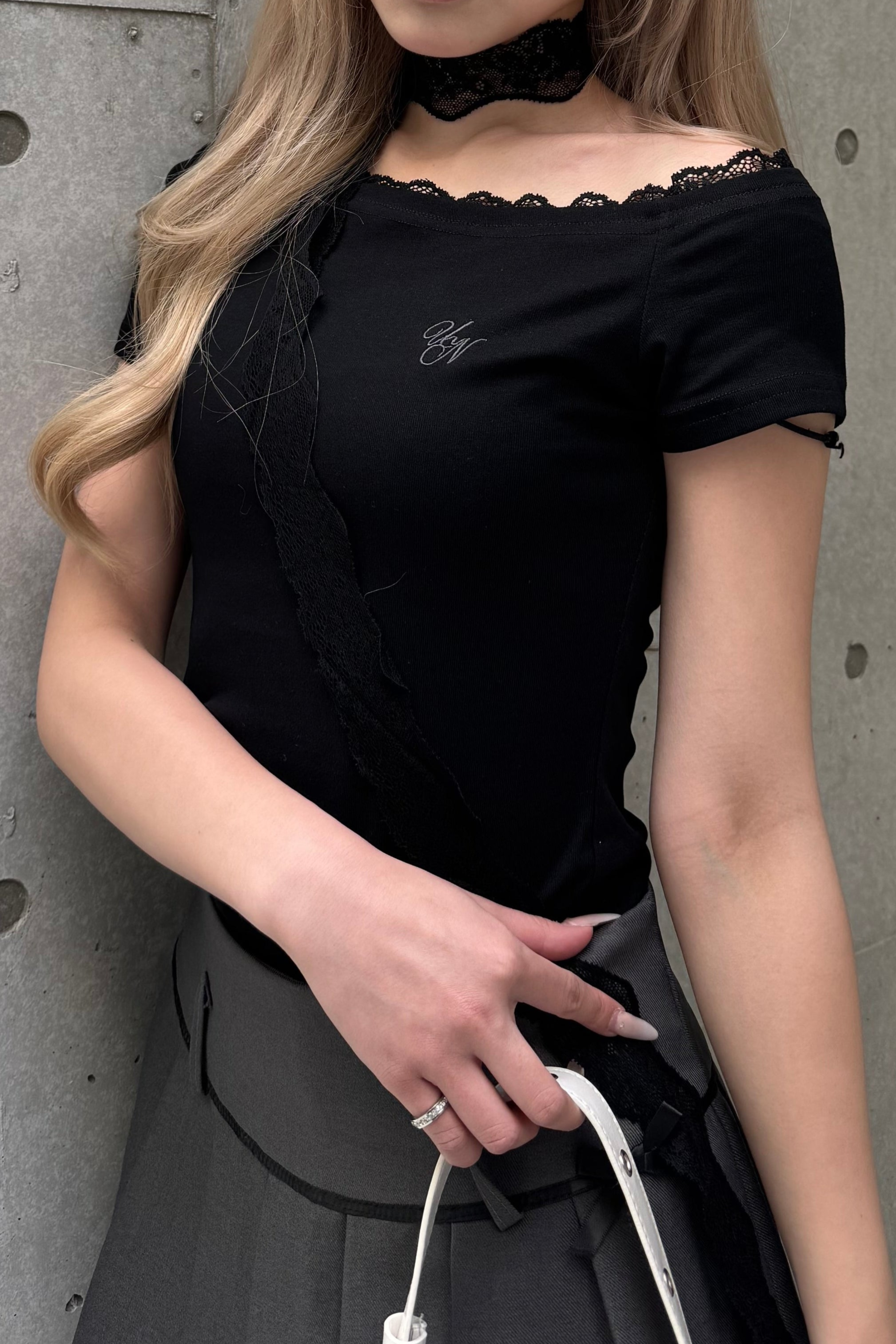 ワンショルダーレースTシャツ LAE20827