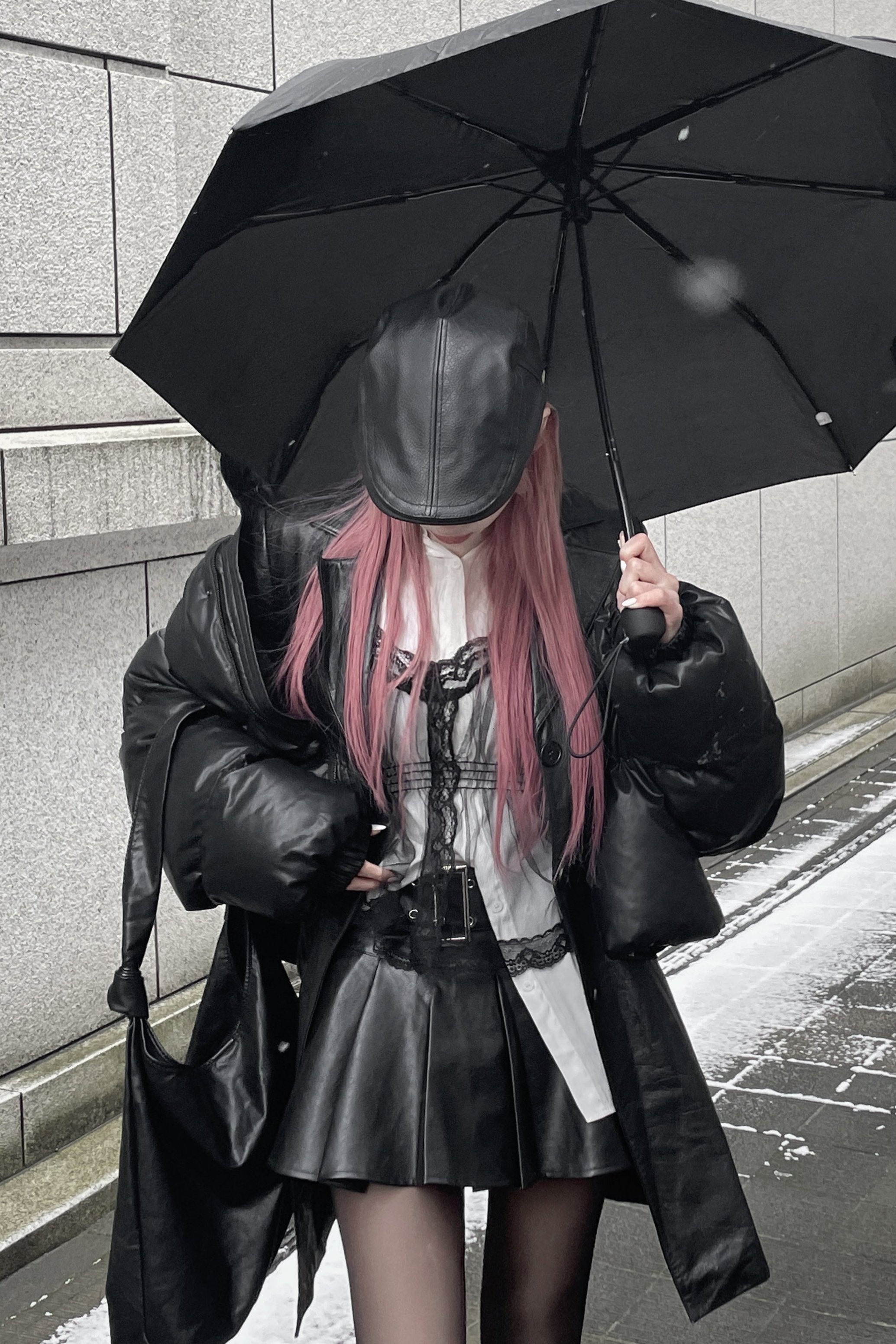 シルバーバッグルプリーツレザースカート LAE20730